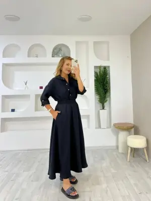 Kadın Keten Kumaş Gömlek Ve Etek Ikili Takim