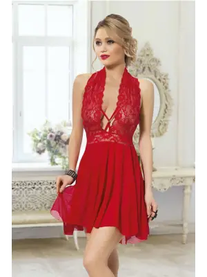 Omarı Şık Kırmızı Tül Dantel Gecelik