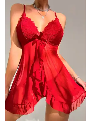 Omarı İnce Detaylı Kırmızı Tül Gecelik Takımı