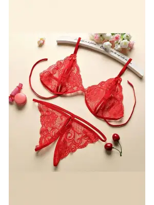 Omarı Kırmızı Dantelli Kadın Sütyen Külot Seti