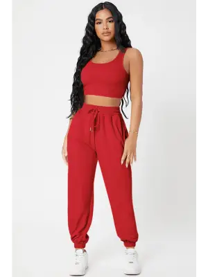 Omarı Kadın Kırmızı Jogger Eşofman Altı ve Crop Top Bluz Seti