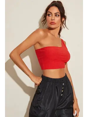 Omarı Şık Kırmızı Tek Omuz Crop Büstiyer