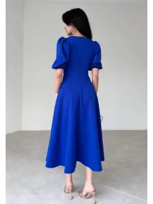 Kadın Kısa Balon Kollu Bisiklet Yaka Geniş Kesim Janjan Krep Elbise