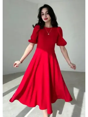 Kadın Kısa Balon Kollu Bisiklet Yaka Geniş Kesim Janjan Krep Elbise