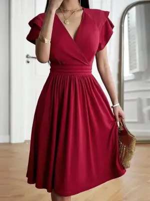 Kadın Kısa Fırfır Kollu Kruvaze Yakalı Kiloş Janjan Krep Elbise