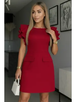 Kadın Kısa Gül Detaylı Kollu Bisiklet Yaka Cepli Mini Atlas Elbise