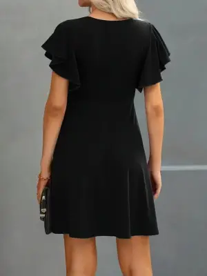 Kadın Kısa Kelebek Kollu Bisiklet Yaka Janjan Krep Elbise