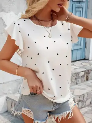 Kadın Kısa Kelebek Kollu Bisiklet Yaka Kalp Desenli Süprem Bluz