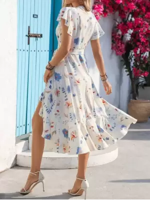 Kadın Kısa Kelebek Kollu Kruvaze Yakalı Belden Kuşaklı Midi Süprem Elbise