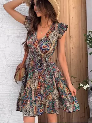 Kadın Kısa Kelebek Kollu Kruvaze Yakalı Süprem Elbise