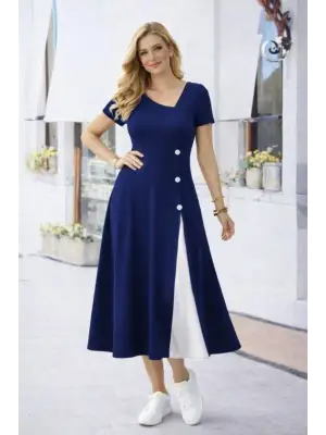 Kadın Kısa Kollu Asimetrik Yakalı Düğme Detaylı Midi Viskon Elbise