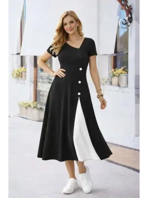 Kadın Kısa Kollu Asimetrik Yakalı Düğme Detaylı Midi Viskon Elbise
