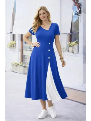 Kadın Kısa Kollu Asimetrik Yakalı Düğme Detaylı Midi Viskon Elbise