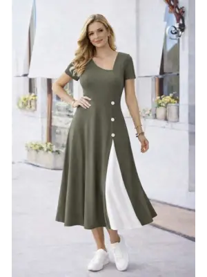 Kadın Kısa Kollu Asimetrik Yakalı Düğme Detaylı Midi Viskon Elbise