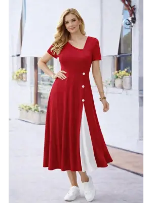 Kadın Kısa Kollu Asimetrik Yakalı Düğme Detaylı Midi Viskon Elbise