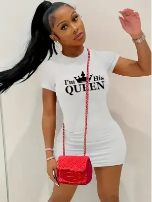 Omarı Elegant Queen Print Kısa Kollu Mini Elbise