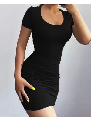 Kadın Kısa Kollu Bel çapraz Detay Dekolteli Eteği Büzgülü Sandy Mini Elbise