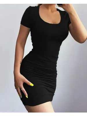 Kadın Kısa Kollu Bel çapraz Detay Dekolteli Eteği Büzgülü Sandy Mini Elbise