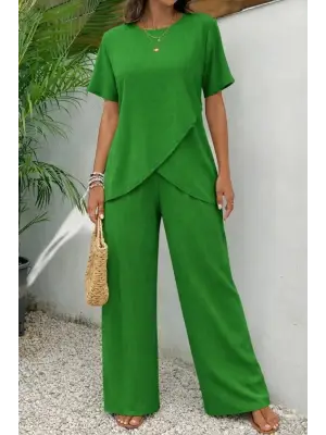 Kadın Kısa Kollu Bisiklet Yaka Asimetrik Kesim Detaylı Bürümcük Bluz Ve Pantolon Ikili Takım