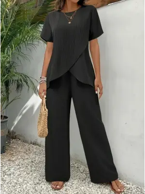 Kadın Kısa Kollu Bisiklet Yaka Asimetrik Kesim Detaylı Bürümcük Bluz Ve Pantolon Ikili Takım