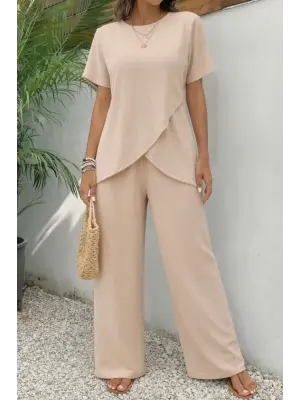Kadın Kısa Kollu Bisiklet Yaka Asimetrik Kesim Detaylı Bürümcük Bluz Ve Pantolon Ikili Takım
