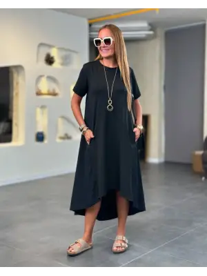 Kadın Kısa Kollu Bisiklet Yaka Asimetrik Kesim ön Viskon Arkası Trikoton Elbise