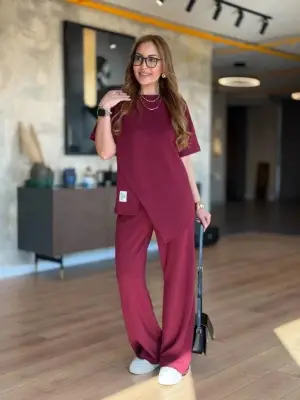 Kadın Kısa Kollu Bisiklet Yaka Asimetrik Viskon Iki Iplik Bluz Ve Pantolon Ikili Takım