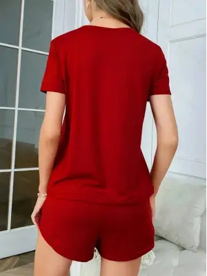 Kadın Kısa Kollu Bisiklet Yaka Baskılı Viskon Bluz Ve şort Ikili Takım