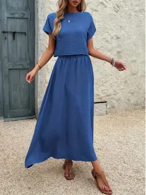 Kadın Kısa Kollu Bisiklet Yaka Bluz Etekli Ithal Keten Ikili Takım