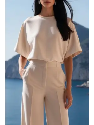 Kadın Kısa Kollu Bisiklet Yaka Bluz Yüksek Bel Cep Detaylı Pantolon Atlas Ikili Takım