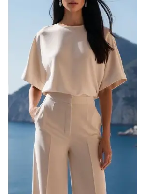 Kadın Kısa Kollu Bisiklet Yaka Bluz Yüksek Bel Cep Detaylı Pantolon Atlas Ikili Takım
