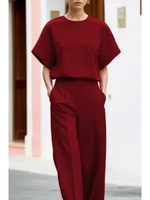 Kadın Kısa Kollu Bisiklet Yaka Bluz Yüksek Bel Cep Detaylı Pantolon Atlas Ikili Takım