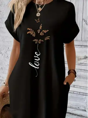 Kadın Kısa Kollu Bisiklet Yaka Cepli Kelebek Baskılı Viskon Elbise