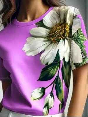Kadın Kısa Kollu Bisiklet Yaka çiçek Baskılı Süprem Bluz
