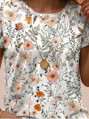 Kadın Kısa Kollu Bisiklet Yaka çiçek Desenli Viskon Bluz