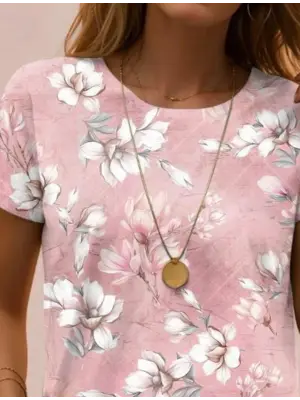 Kadın Kısa Kollu Bisiklet Yaka çiçek Desenli Viskon Bluz
