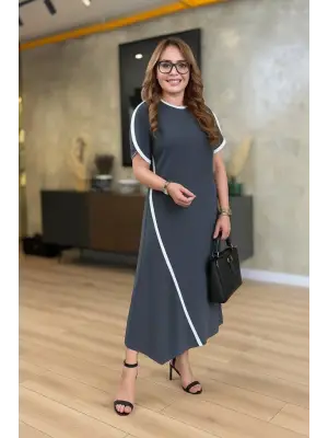 Kadın Kısa Kollu Bisiklet Yaka çift şerit Renk Detaylı Asimetrik Kesim Viskon Iki Iplik Elbise