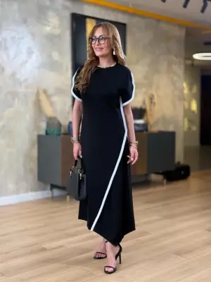 Omarı Çift Şerit Detaylı Asimetrik Kesim Elbise