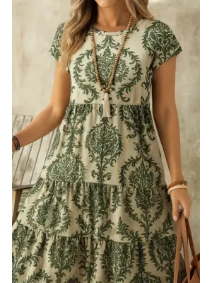 Kadın Kısa Kollu Bisiklet Yaka Desenli Fırfırlı Süprem Elbise