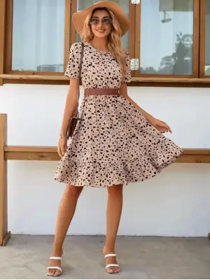 Kadın Kısa Kollu Bisiklet Yaka Desenli Süprem Elbise