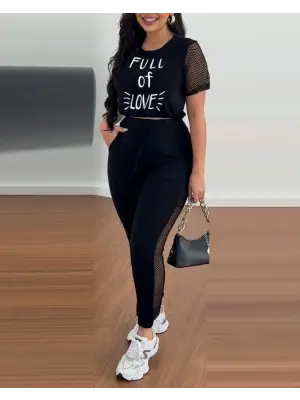 Kadın Kısa Kollu Bisiklet Yaka File Detaylı Viskon Iki Iplik Krop Ve Eşofman Altı Ikili Takım