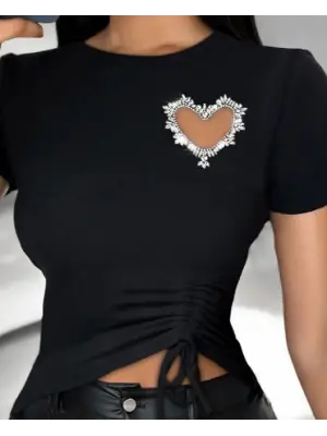 Omarı Viskon Bluz Kalp Taş Detaylı Kadın Bluz