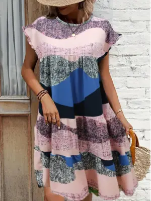 Kadın Kısa Kollu Bisiklet Yaka Kare Desenli Dalgıç Elbise