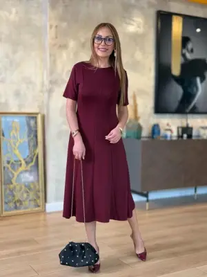 Kadın Kısa Kollu Bisiklet Yaka Midi Viskon Iki Iplik Elbise