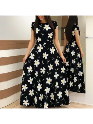 Kadın Kısa Kollu Bisiklet Yaka Puantiyeli Maksi örme Krep Elbise