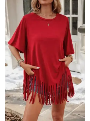 Kadın Kısa Kollu Bisiklet Yaka Püsküllü Viskon Bluz