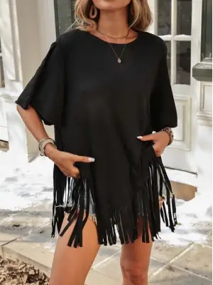 Kadın Kısa Kollu Bisiklet Yaka Püsküllü Viskon Bluz