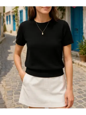 Kadın Kısa Kollu Bisiklet Yaka Triko Bluz