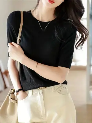 Kadın Kısa Kollu Bisiklet Yaka Triko Bluz