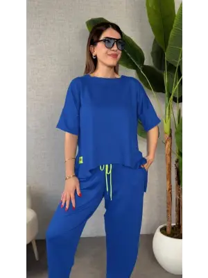 Kadın Kısa Kollu Bisiklet Yaka Viskon Iki Iplik Bluz Ve Pantolon Ikili Takım